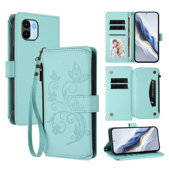 Funda de cuero para teléfono con cartera multitarjeta con cremallera y diseño de mariposa y flor de amor, For Redmi Note 13 Pro 5G / Poco X6, For Redmi Note 13 5G, For Redmi Note 13 Pro+, For Redmi 12 4G / 5G / Note 12R, For Redmi Note 12T Pro / K50i  ...