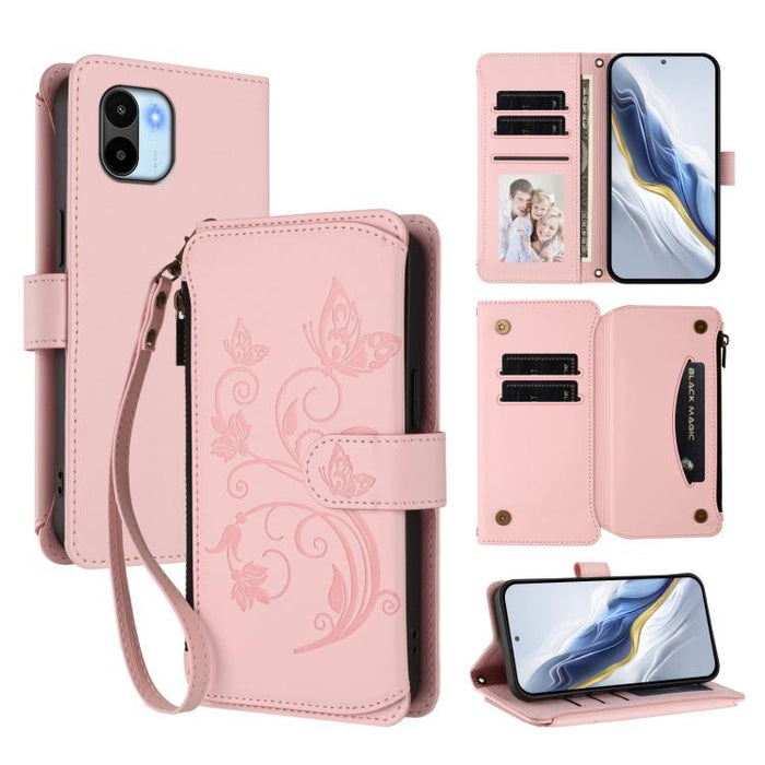 Funda de cuero para teléfono con cartera multitarjeta con cremallera y diseño de mariposa y flor de amor, For Redmi Note 13 Pro 5G / Poco X6, For Redmi Note 13 5G, For Redmi Note 13 Pro+, For Redmi 12 4G / 5G / Note 12R, For Redmi Note 12T Pro / K50i  ...