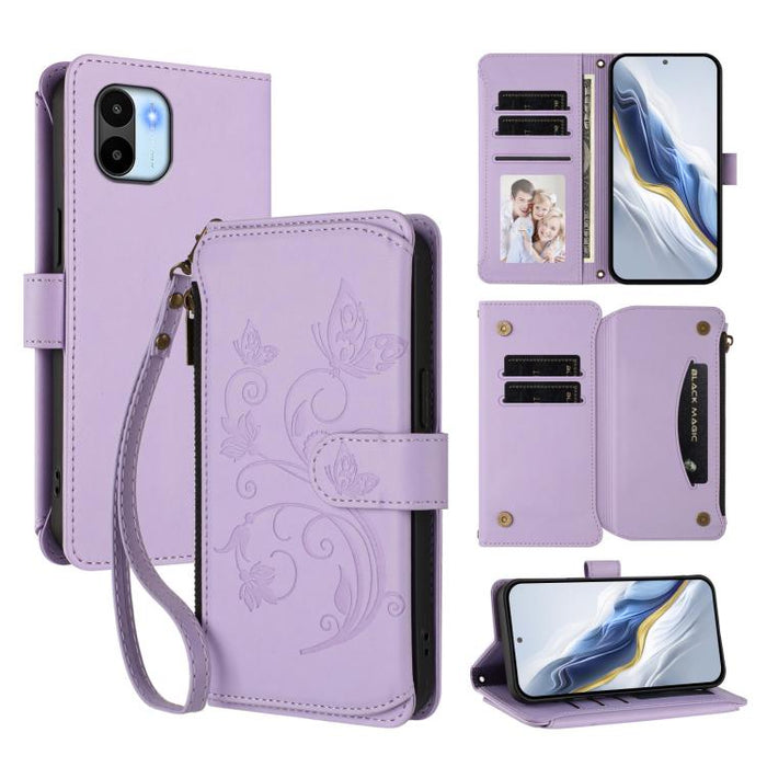 Funda de cuero para teléfono con cartera multitarjeta con cremallera y diseño de mariposa y flor de amor, For Redmi Note 13 Pro 5G / Poco X6, For Redmi Note 13 5G, For Redmi Note 13 Pro+, For Redmi 12 4G / 5G / Note 12R, For Redmi Note 12T Pro / K50i  ...