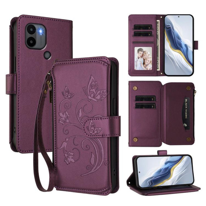 Funda de cuero para teléfono con cartera multitarjeta con cremallera y diseño de mariposa y flor de amor, For Redmi Note 13 Pro 5G / Poco X6, For Redmi Note 13 5G, For Redmi Note 13 Pro+, For Redmi 12 4G / 5G / Note 12R, For Redmi Note 12T Pro / K50i  ...