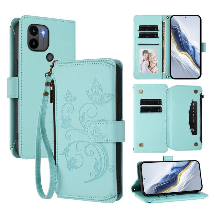 Funda de cuero para teléfono con cartera multitarjeta con cremallera y diseño de mariposa y flor de amor, For Redmi Note 13 Pro 5G / Poco X6, For Redmi Note 13 5G, For Redmi Note 13 Pro+, For Redmi 12 4G / 5G / Note 12R, For Redmi Note 12T Pro / K50i  ...