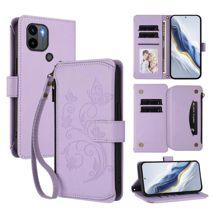 Funda de cuero para teléfono con cartera multitarjeta con cremallera y diseño de mariposa y flor de amor, For Redmi Note 13 Pro 5G / Poco X6, For Redmi Note 13 5G, For Redmi Note 13 Pro+, For Redmi 12 4G / 5G / Note 12R, For Redmi Note 12T Pro / K50i  ...