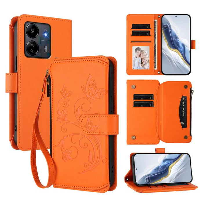 Funda de cuero para teléfono con cartera multitarjeta con cremallera y diseño de mariposa y flor de amor, For Redmi A5 4G 173.3mm, For Redmi Note 14S 4G / Note 13 Pro 4G, For Redmi Note 14 4G 164.84mm, For Redmi Note 14 Pro 5G / Note 14 Pro+ 5G        ...