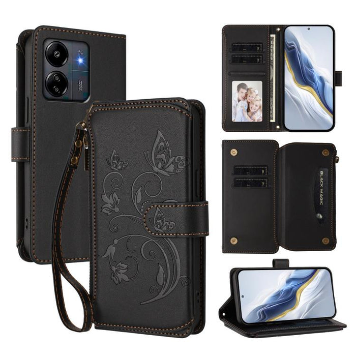 Funda de cuero para teléfono con cartera multitarjeta con cremallera y diseño de mariposa y flor de amor, For Redmi A5 4G 173.3mm, For Redmi Note 14S 4G / Note 13 Pro 4G, For Redmi Note 14 4G 164.84mm, For Redmi Note 14 Pro 5G / Note 14 Pro+ 5G        ...