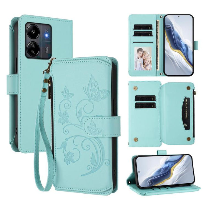 Funda de cuero para teléfono con cartera multitarjeta con cremallera y diseño de mariposa y flor de amor, For Redmi A5 4G 173.3mm, For Redmi Note 14S 4G / Note 13 Pro 4G, For Redmi Note 14 4G 164.84mm, For Redmi Note 14 Pro 5G / Note 14 Pro+ 5G        ...