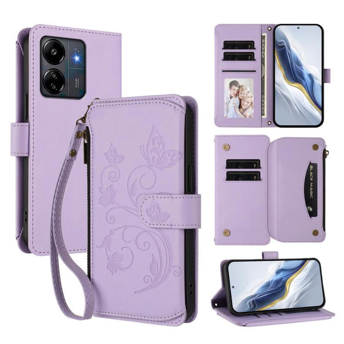 Funda de cuero para teléfono con cartera multitarjeta con cremallera y diseño de mariposa y flor de amor, For Redmi A5 4G 173.3mm, For Redmi Note 14S 4G / Note 13 Pro 4G, For Redmi Note 14 4G 164.84mm, For Redmi Note 14 Pro 5G / Note 14 Pro+ 5G        ...