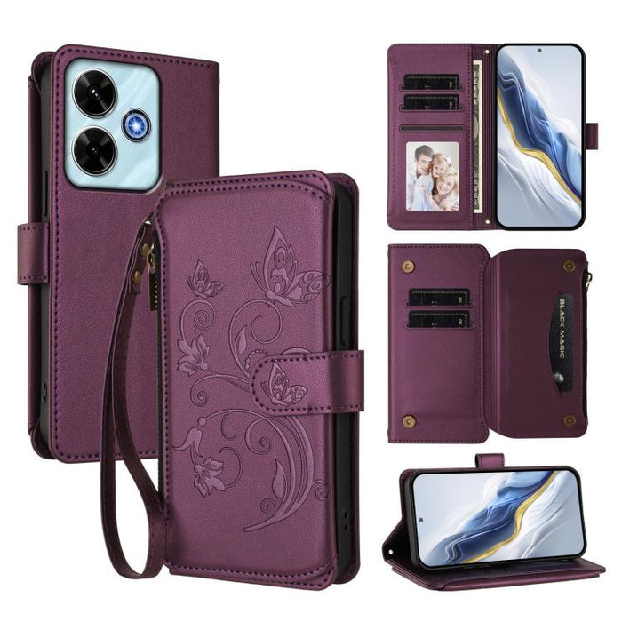 Funda de cuero para teléfono con cartera multitarjeta con cremallera y diseño de mariposa y flor de amor, For Redmi A7 / A5 4G 171mm / Poco C71, For Redmi K90 Max 5G, For Redmi A7 Pro 171mm / Poco C85x 5G, For Redmi Turbo 5 Max / Poco X8 Pro Max       ...