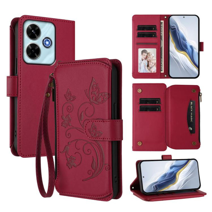 Funda de cuero para teléfono con cartera multitarjeta con cremallera y diseño de mariposa y flor de amor, For Redmi A7 / A5 4G 171mm / Poco C71, For Redmi K90 Max 5G, For Redmi A7 Pro 171mm / Poco C85x 5G, For Redmi Turbo 5 Max / Poco X8 Pro Max       ...