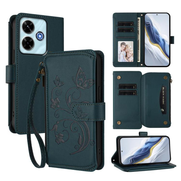 Funda de cuero para teléfono con cartera multitarjeta con cremallera y diseño de mariposa y flor de amor, For Redmi A7 / A5 4G 171mm / Poco C71, For Redmi K90 Max 5G, For Redmi A7 Pro 171mm / Poco C85x 5G, For Redmi Turbo 5 Max / Poco X8 Pro Max       ...