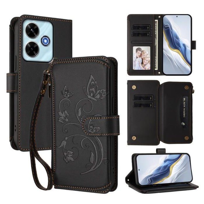 Funda de cuero para teléfono con cartera multitarjeta con cremallera y diseño de mariposa y flor de amor, For Redmi A7 / A5 4G 171mm / Poco C71, For Redmi K90 Max 5G, For Redmi A7 Pro 171mm / Poco C85x 5G, For Redmi Turbo 5 Max / Poco X8 Pro Max       ...