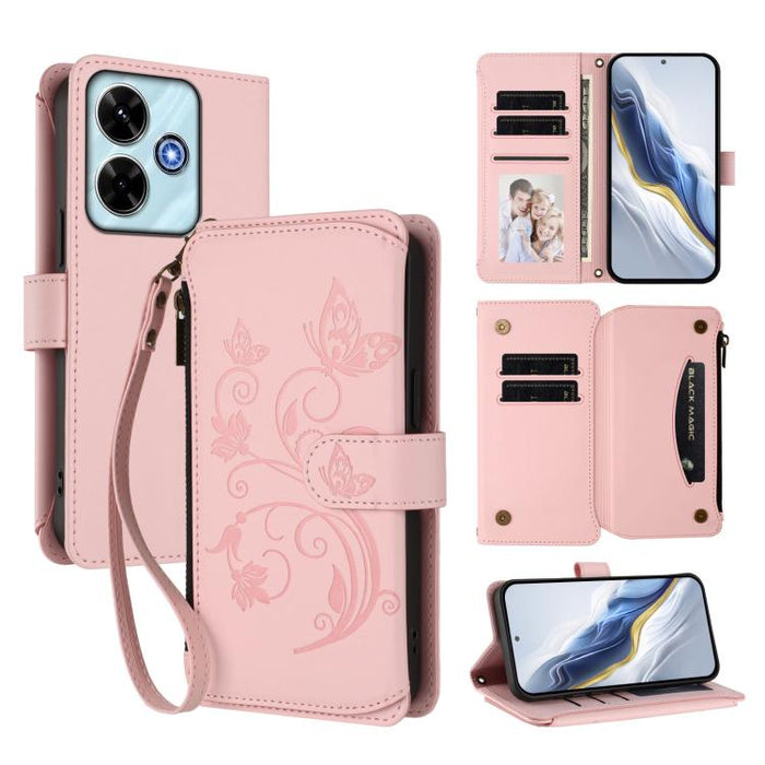 Funda de cuero para teléfono con cartera multitarjeta con cremallera y diseño de mariposa y flor de amor, For Redmi A7 / A5 4G 171mm / Poco C71, For Redmi K90 Max 5G, For Redmi A7 Pro 171mm / Poco C85x 5G, For Redmi Turbo 5 Max / Poco X8 Pro Max       ...