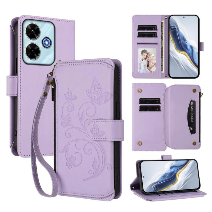 Funda de cuero para teléfono con cartera multitarjeta con cremallera y diseño de mariposa y flor de amor, For Redmi A7 / A5 4G 171mm / Poco C71, For Redmi K90 Max 5G, For Redmi A7 Pro 171mm / Poco C85x 5G, For Redmi Turbo 5 Max / Poco X8 Pro Max       ...