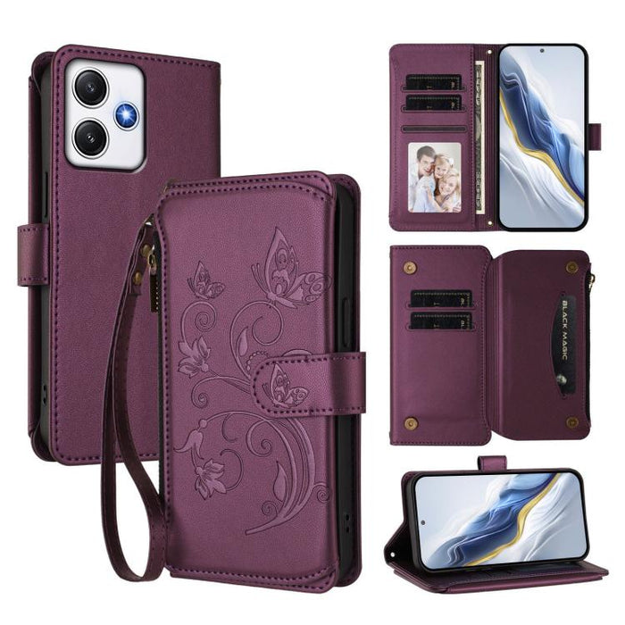Funda de cuero para teléfono con cartera multitarjeta con cremallera y diseño de mariposa y flor de amor, For Redmi Note 13 Pro 5G / Poco X6, For Redmi Note 13 5G, For Redmi Note 13 Pro+, For Redmi 12 4G / 5G / Note 12R, For Redmi Note 12T Pro / K50i  ...