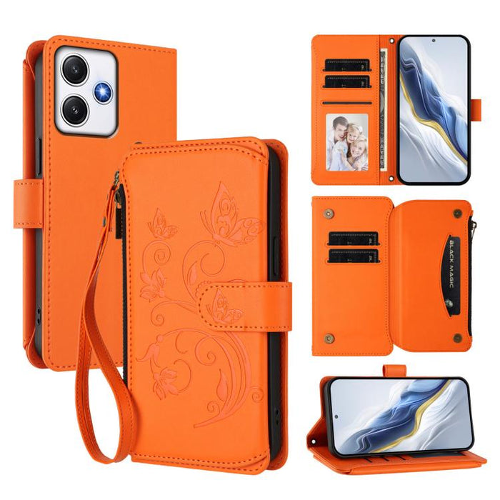 Funda de cuero para teléfono con cartera multitarjeta con cremallera y diseño de mariposa y flor de amor, For Redmi Note 13 Pro 5G / Poco X6, For Redmi Note 13 5G, For Redmi Note 13 Pro+, For Redmi 12 4G / 5G / Note 12R, For Redmi Note 12T Pro / K50i  ...