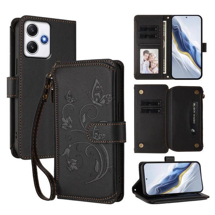 Funda de cuero para teléfono con cartera multitarjeta con cremallera y diseño de mariposa y flor de amor, For Redmi Note 13 Pro 5G / Poco X6, For Redmi Note 13 5G, For Redmi Note 13 Pro+, For Redmi 12 4G / 5G / Note 12R, For Redmi Note 12T Pro / K50i  ...