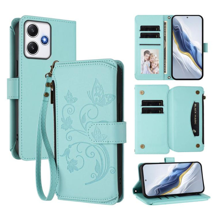 Funda de cuero para teléfono con cartera multitarjeta con cremallera y diseño de mariposa y flor de amor, For Redmi Note 13 Pro 5G / Poco X6, For Redmi Note 13 5G, For Redmi Note 13 Pro+, For Redmi 12 4G / 5G / Note 12R, For Redmi Note 12T Pro / K50i  ...