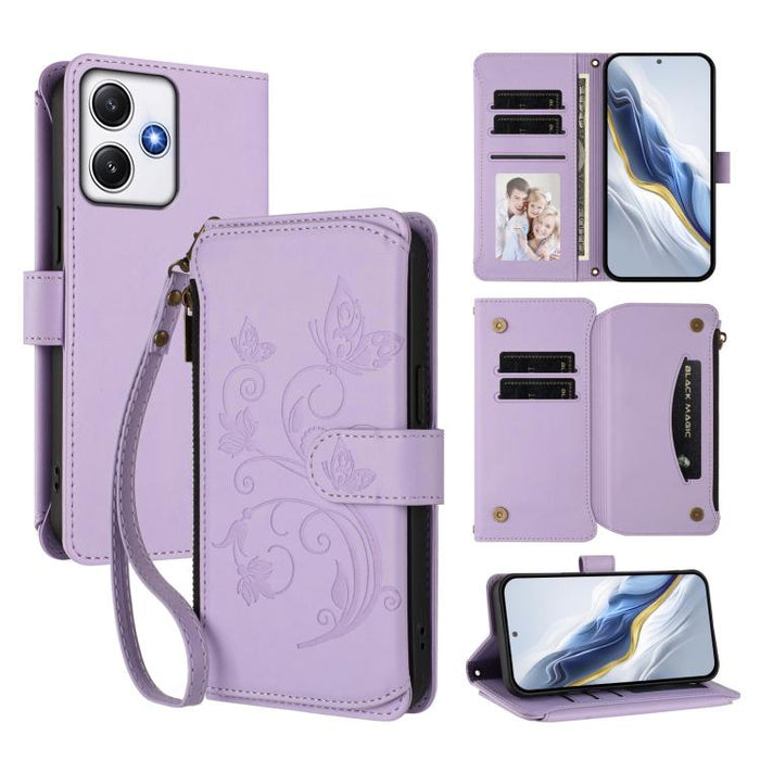 Funda de cuero para teléfono con cartera multitarjeta con cremallera y diseño de mariposa y flor de amor, For Redmi Note 13 Pro 5G / Poco X6, For Redmi Note 13 5G, For Redmi Note 13 Pro+, For Redmi 12 4G / 5G / Note 12R, For Redmi Note 12T Pro / K50i  ...