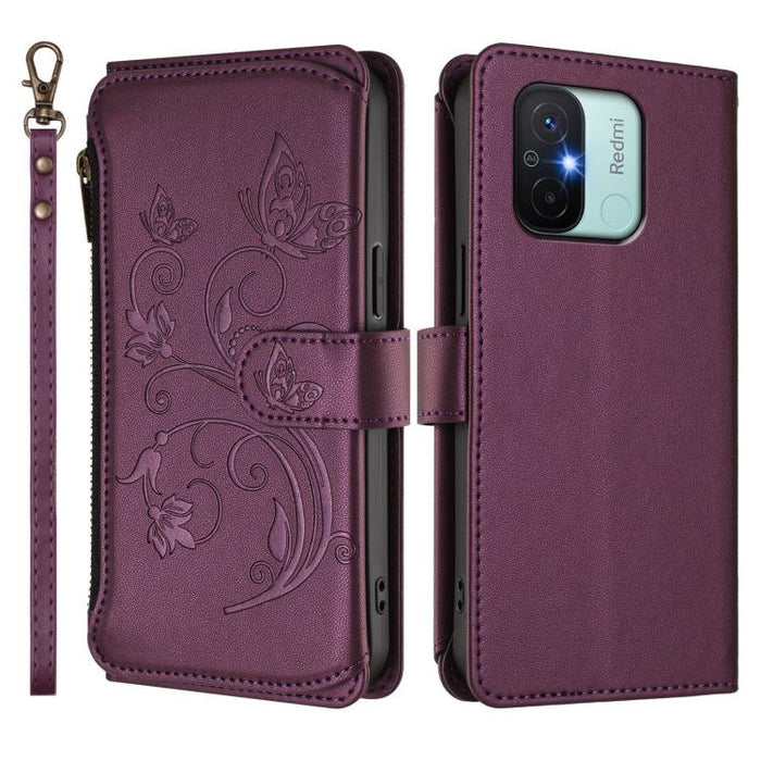 Funda de cuero para teléfono con cartera multitarjeta con cremallera y diseño de mariposa y flor de amor, For Redmi 11A / Poco C55, For Redmi Note 12 Pro+ Global, For Redmi Note 12 Pro 5G Global / Speed, For Redmi Note 12 5G Global / Poco X5           ...