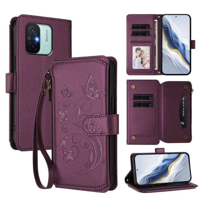 Funda de cuero para teléfono con cartera multitarjeta con cremallera y diseño de mariposa y flor de amor, For Redmi 11A / Poco C55, For Redmi Note 12 Pro+ Global, For Redmi Note 12 Pro 5G Global / Speed, For Redmi Note 12 5G Global / Poco X5           ...