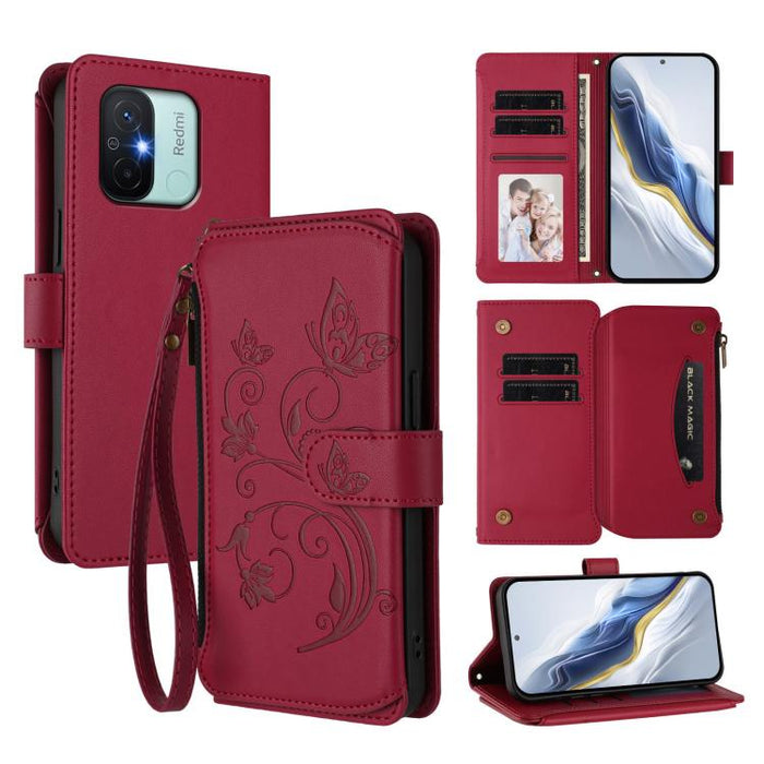 Funda de cuero para teléfono con cartera multitarjeta con cremallera y diseño de mariposa y flor de amor, For Redmi 11A / Poco C55, For Redmi Note 12 Pro+ Global, For Redmi Note 12 Pro 5G Global / Speed, For Redmi Note 12 5G Global / Poco X5           ...