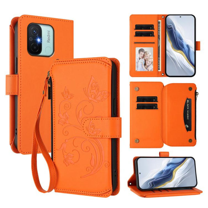 Funda de cuero para teléfono con cartera multitarjeta con cremallera y diseño de mariposa y flor de amor, For Redmi 11A / Poco C55, For Redmi Note 12 Pro+ Global, For Redmi Note 12 Pro 5G Global / Speed, For Redmi Note 12 5G Global / Poco X5           ...