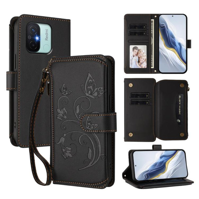 Funda de cuero para teléfono con cartera multitarjeta con cremallera y diseño de mariposa y flor de amor, For Redmi 11A / Poco C55, For Redmi Note 12 Pro+ Global, For Redmi Note 12 Pro 5G Global / Speed, For Redmi Note 12 5G Global / Poco X5           ...