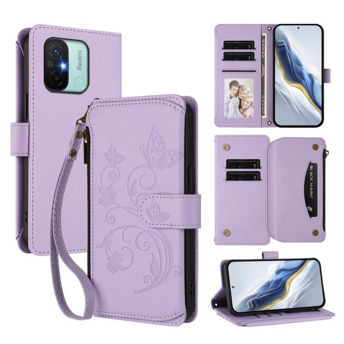 Funda de cuero para teléfono con cartera multitarjeta con cremallera y diseño de mariposa y flor de amor, For Redmi 11A / Poco C55, For Redmi Note 12 Pro+ Global, For Redmi Note 12 Pro 5G Global / Speed, For Redmi Note 12 5G Global / Poco X5           ...