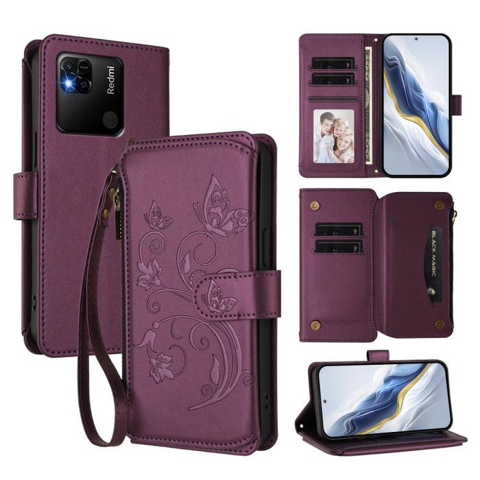 Funda de cuero para teléfono con cartera multitarjeta con cremallera y diseño de mariposa y flor de amor, For Redmi 11A / Poco C55, For Redmi Note 12 Pro+ Global, For Redmi Note 12 Pro 5G Global / Speed, For Redmi Note 12 5G Global / Poco X5           ...