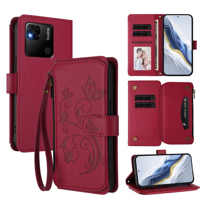 Funda de cuero para teléfono con cartera multitarjeta con cremallera y diseño de mariposa y flor de amor, For Redmi 11A / Poco C55, For Redmi Note 12 Pro+ Global, For Redmi Note 12 Pro 5G Global / Speed, For Redmi Note 12 5G Global / Poco X5           ...