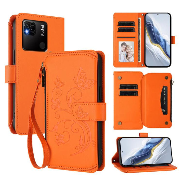 Funda de cuero para teléfono con cartera multitarjeta con cremallera y diseño de mariposa y flor de amor, For Redmi 11A / Poco C55, For Redmi Note 12 Pro+ Global, For Redmi Note 12 Pro 5G Global / Speed, For Redmi Note 12 5G Global / Poco X5           ...
