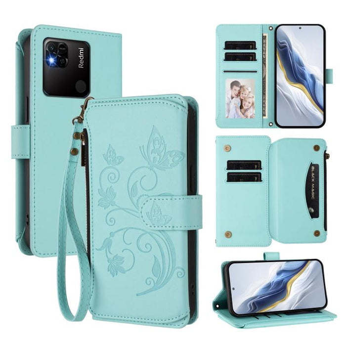 Funda de cuero para teléfono con cartera multitarjeta con cremallera y diseño de mariposa y flor de amor, For Redmi 11A / Poco C55, For Redmi Note 12 Pro+ Global, For Redmi Note 12 Pro 5G Global / Speed, For Redmi Note 12 5G Global / Poco X5           ...