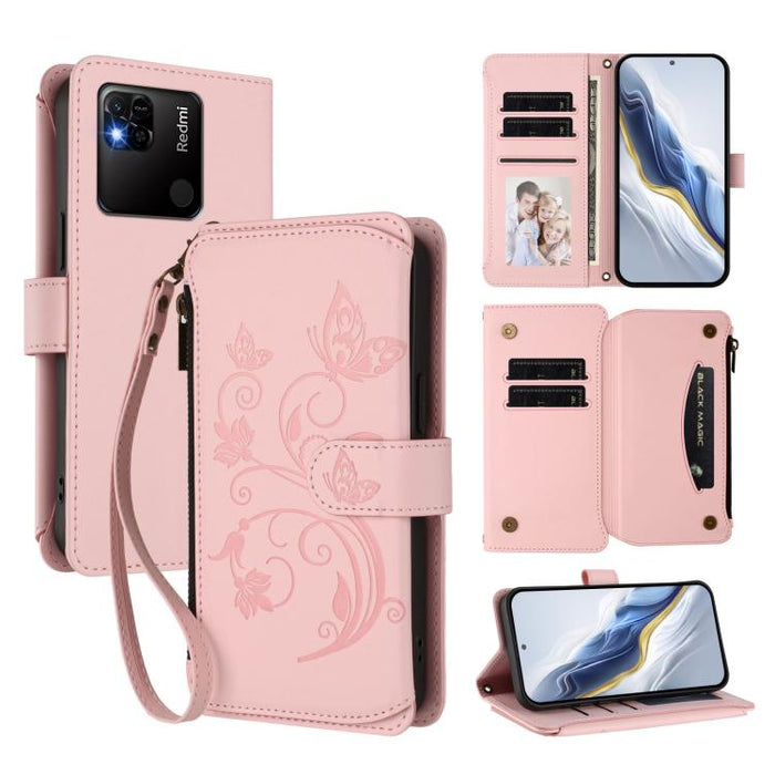 Funda de cuero para teléfono con cartera multitarjeta con cremallera y diseño de mariposa y flor de amor, For Redmi 11A / Poco C55, For Redmi Note 12 Pro+ Global, For Redmi Note 12 Pro 5G Global / Speed, For Redmi Note 12 5G Global / Poco X5           ...