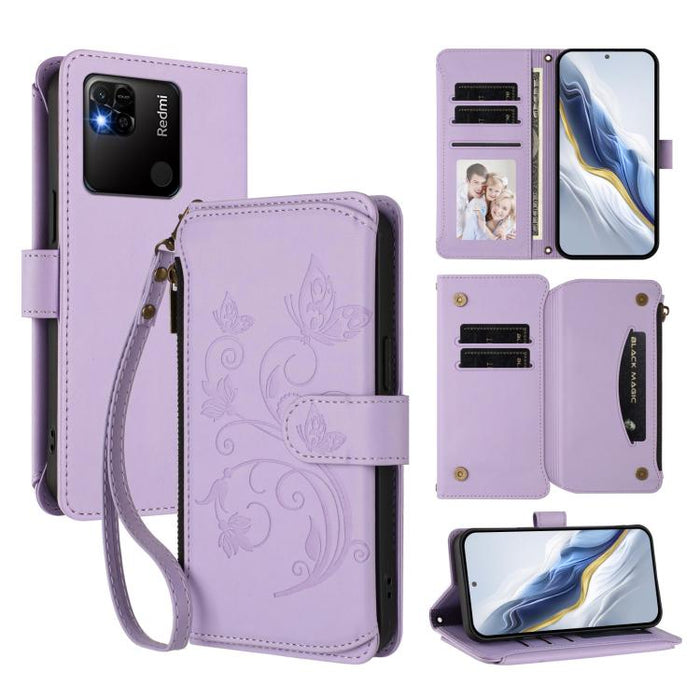 Funda de cuero para teléfono con cartera multitarjeta con cremallera y diseño de mariposa y flor de amor, For Redmi 11A / Poco C55, For Redmi Note 12 Pro+ Global, For Redmi Note 12 Pro 5G Global / Speed, For Redmi Note 12 5G Global / Poco X5           ...