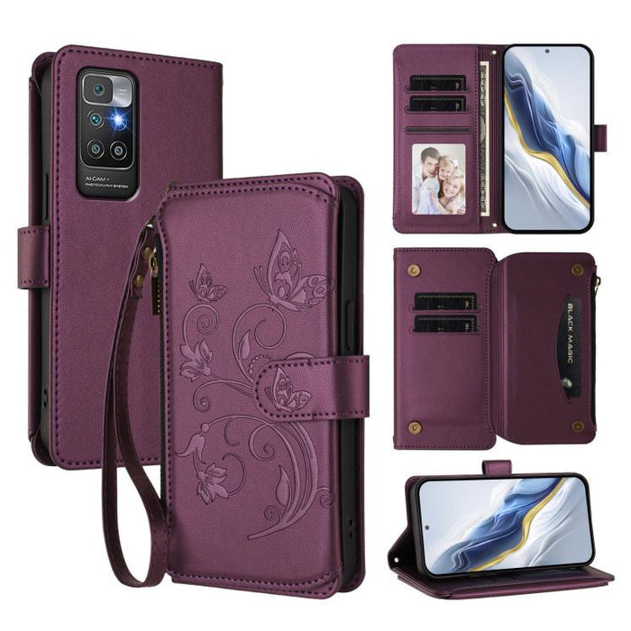 Funda de cuero para teléfono con cartera multitarjeta con cremallera y diseño de mariposa y flor de amor, For Redmi 11A / Poco C55, For Redmi Note 12 Pro+ Global, For Redmi Note 12 Pro 5G Global / Speed, For Redmi Note 12 5G Global / Poco X5           ...