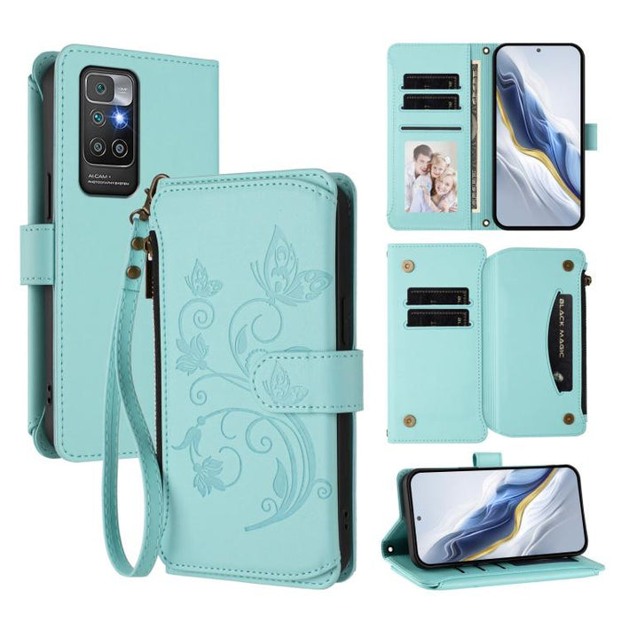 Funda de cuero para teléfono con cartera multitarjeta con cremallera y diseño de mariposa y flor de amor, For Redmi 11A / Poco C55, For Redmi Note 12 Pro+ Global, For Redmi Note 12 Pro 5G Global / Speed, For Redmi Note 12 5G Global / Poco X5           ...