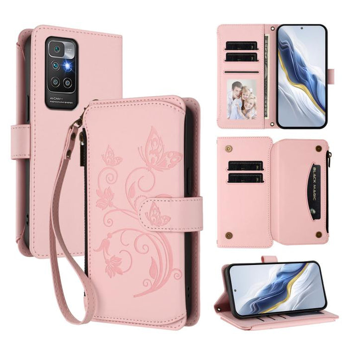 Funda de cuero para teléfono con cartera multitarjeta con cremallera y diseño de mariposa y flor de amor, For Redmi 11A / Poco C55, For Redmi Note 12 Pro+ Global, For Redmi Note 12 Pro 5G Global / Speed, For Redmi Note 12 5G Global / Poco X5           ...