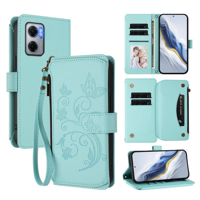 Funda de cuero para teléfono con cartera multitarjeta con cremallera y diseño de mariposa y flor de amor, For Redmi 11A / Poco C55, For Redmi Note 12 Pro+ Global, For Redmi Note 12 Pro 5G Global / Speed, For Redmi Note 12 5G Global / Poco X5           ...
