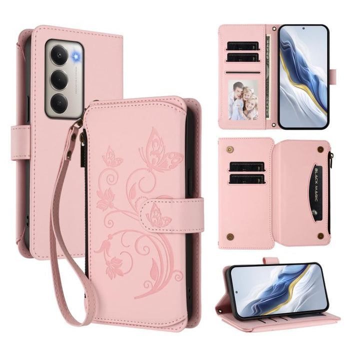 Funda de cuero para teléfono con cartera multitarjeta con cremallera y diseño de mariposa y flor de amor, For Redmi A7 / A5 4G 171mm / Poco C71, For Redmi K90 Max 5G, For Redmi A7 Pro 171mm / Poco C85x 5G, For Redmi Turbo 5 Max / Poco X8 Pro Max       ...