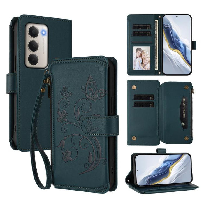 Funda de cuero para teléfono con cartera multitarjeta con cremallera y diseño de mariposa y flor de amor, For Redmi A7 / A5 4G 171mm / Poco C71, For Redmi K90 Max 5G, For Redmi A7 Pro 171mm / Poco C85x 5G, For Redmi Turbo 5 Max / Poco X8 Pro Max       ...