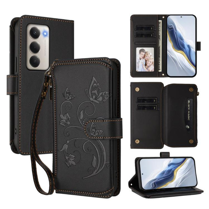 Funda de cuero para teléfono con cartera multitarjeta con cremallera y diseño de mariposa y flor de amor, For Redmi A7 / A5 4G 171mm / Poco C71, For Redmi K90 Max 5G, For Redmi A7 Pro 171mm / Poco C85x 5G, For Redmi Turbo 5 Max / Poco X8 Pro Max       ...