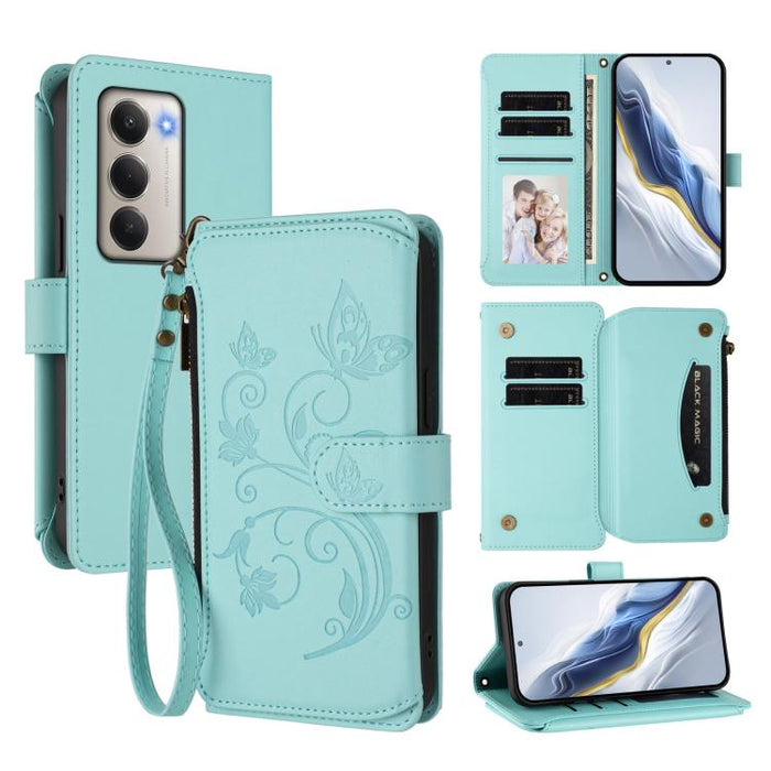 Funda de cuero para teléfono con cartera multitarjeta con cremallera y diseño de mariposa y flor de amor, For Redmi A7 / A5 4G 171mm / Poco C71, For Redmi K90 Max 5G, For Redmi A7 Pro 171mm / Poco C85x 5G, For Redmi Turbo 5 Max / Poco X8 Pro Max       ...