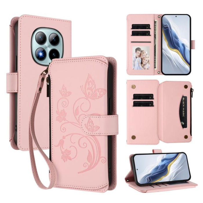 Funda de cuero para teléfono con cartera multitarjeta con cremallera y diseño de mariposa y flor de amor, For Redmi A7 / A5 4G 171mm / Poco C71, For Redmi K90 Max 5G, For Redmi A7 Pro 171mm / Poco C85x 5G, For Redmi Turbo 5 Max / Poco X8 Pro Max       ...