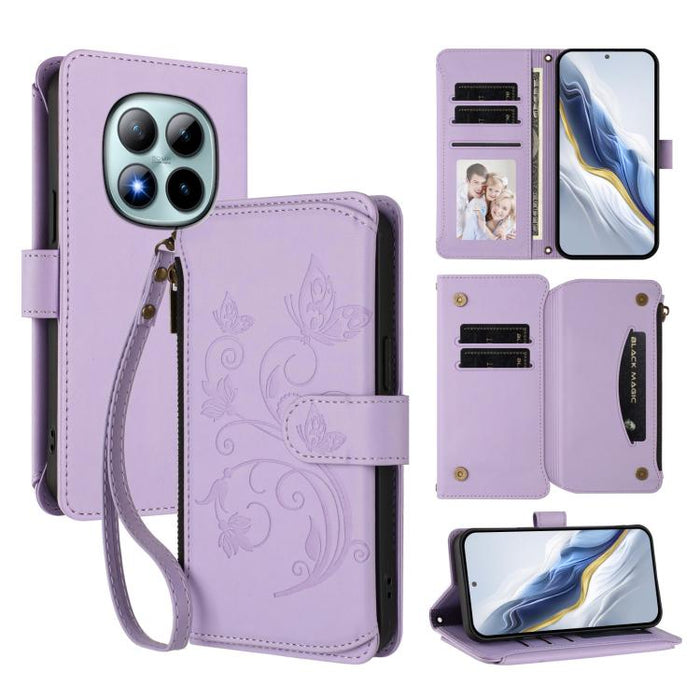 Funda de cuero para teléfono con cartera multitarjeta con cremallera y diseño de mariposa y flor de amor, For Redmi A7 / A5 4G 171mm / Poco C71, For Redmi K90 Max 5G, For Redmi A7 Pro 171mm / Poco C85x 5G, For Redmi Turbo 5 Max / Poco X8 Pro Max       ...