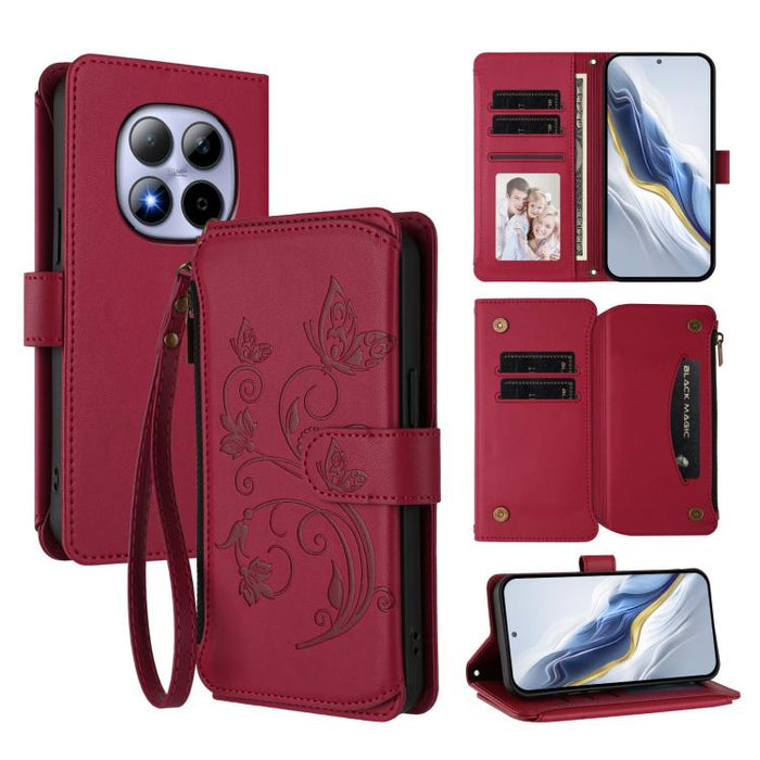 Funda de cuero para teléfono con cartera multitarjeta con cremallera y diseño de mariposa y flor de amor, For Redmi A7 / A5 4G 171mm / Poco C71, For Redmi K90 Max 5G, For Redmi A7 Pro 171mm / Poco C85x 5G, For Redmi Turbo 5 Max / Poco X8 Pro Max       ...