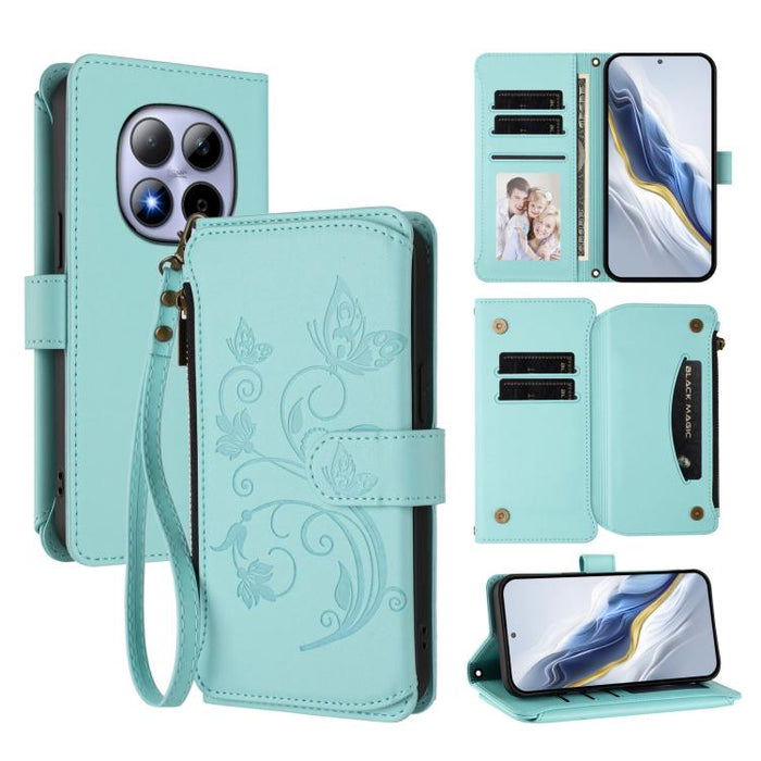 Funda de cuero para teléfono con cartera multitarjeta con cremallera y diseño de mariposa y flor de amor, For Redmi A7 / A5 4G 171mm / Poco C71, For Redmi K90 Max 5G, For Redmi A7 Pro 171mm / Poco C85x 5G, For Redmi Turbo 5 Max / Poco X8 Pro Max       ...