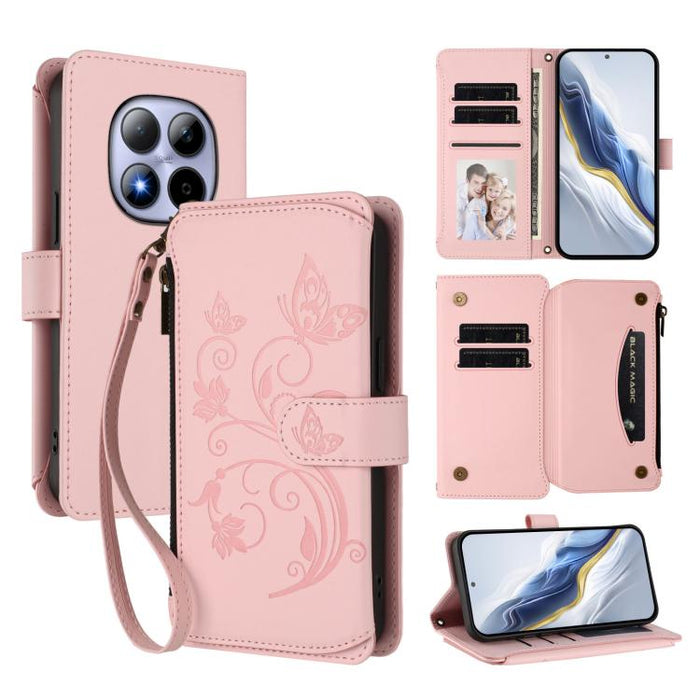 Funda de cuero para teléfono con cartera multitarjeta con cremallera y diseño de mariposa y flor de amor, For Redmi A7 / A5 4G 171mm / Poco C71, For Redmi K90 Max 5G, For Redmi A7 Pro 171mm / Poco C85x 5G, For Redmi Turbo 5 Max / Poco X8 Pro Max       ...