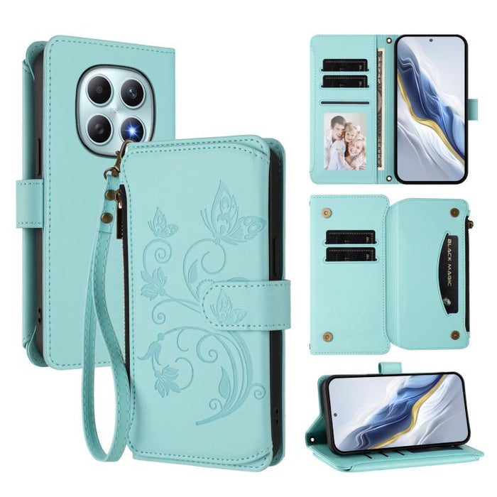 Funda de cuero para teléfono con cartera multitarjeta con cremallera y diseño de mariposa y flor de amor, For Redmi A7 / A5 4G 171mm / Poco C71, For Redmi K90 Max 5G, For Redmi A7 Pro 171mm / Poco C85x 5G, For Redmi Turbo 5 Max / Poco X8 Pro Max       ...