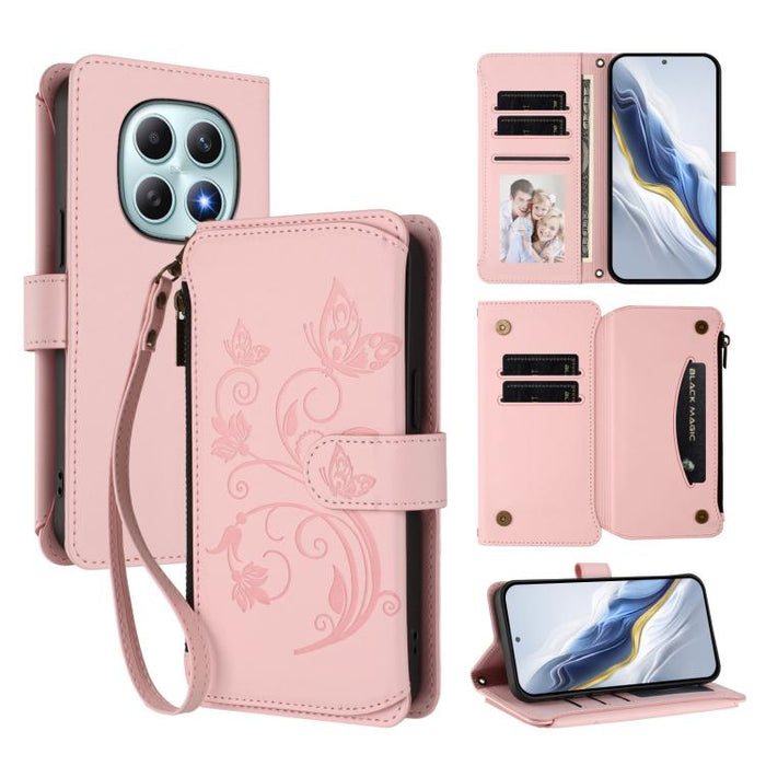 Funda de cuero para teléfono con cartera multitarjeta con cremallera y diseño de mariposa y flor de amor, For Redmi A7 / A5 4G 171mm / Poco C71, For Redmi K90 Max 5G, For Redmi A7 Pro 171mm / Poco C85x 5G, For Redmi Turbo 5 Max / Poco X8 Pro Max       ...