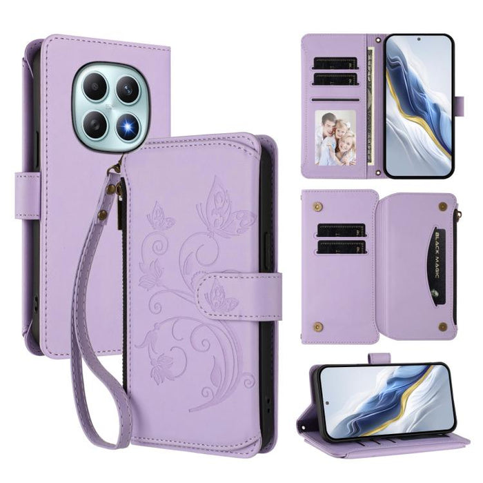 Funda de cuero para teléfono con cartera multitarjeta con cremallera y diseño de mariposa y flor de amor, For Redmi A7 / A5 4G 171mm / Poco C71, For Redmi K90 Max 5G, For Redmi A7 Pro 171mm / Poco C85x 5G, For Redmi Turbo 5 Max / Poco X8 Pro Max       ...