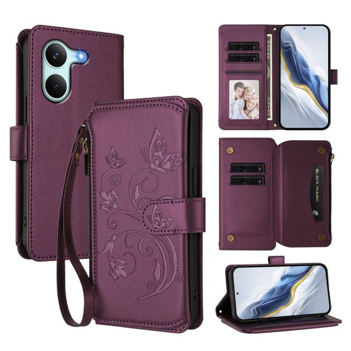 Funda de cuero para teléfono con cartera multitarjeta con cremallera y diseño de mariposa y flor de amor, For Redmi A7 / A5 4G 171mm / Poco C71, For Redmi K90 Max 5G, For Redmi A7 Pro 171mm / Poco C85x 5G, For Redmi Turbo 5 Max / Poco X8 Pro Max       ...